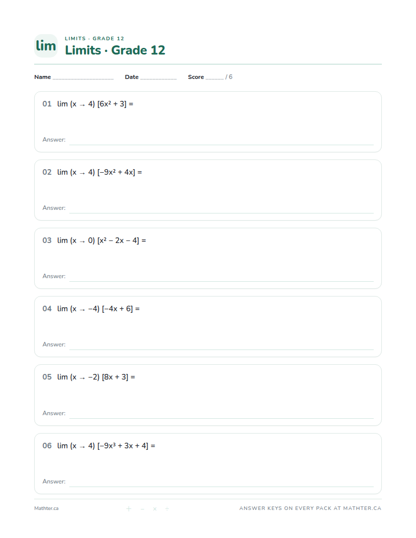 Intermediate Grade 12 limits worksheet, page one