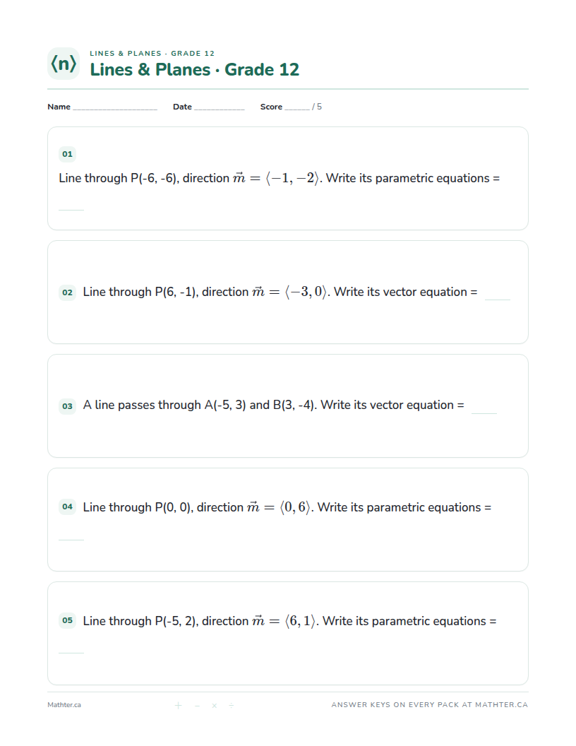 Beginner Grade 12 lines & planes worksheet, page one