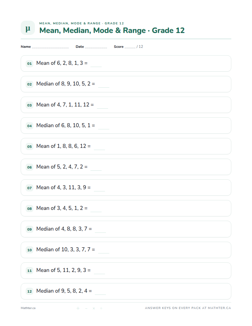 Beginner Grade 12 mean, median, mode & range worksheet, page one