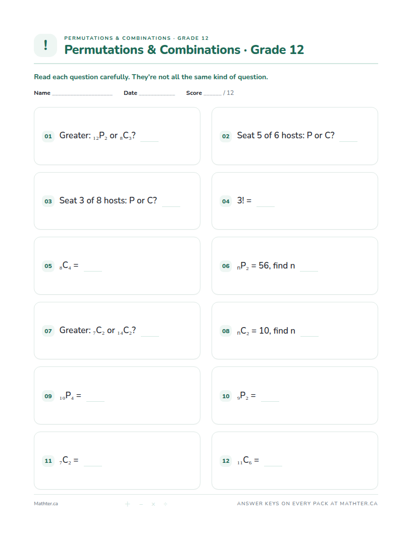 Advanced Grade 12 permutations & combinations worksheet, page one