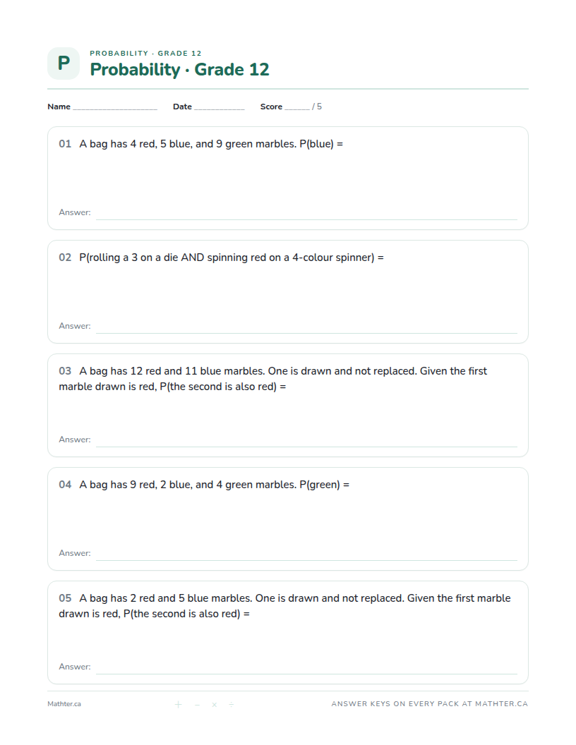 Advanced Grade 12 probability worksheet, page one