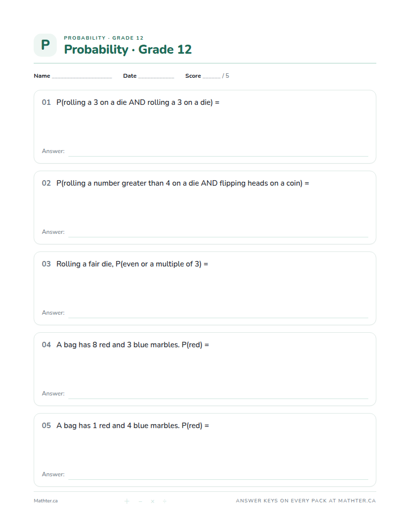 Intermediate Grade 12 probability worksheet, page one