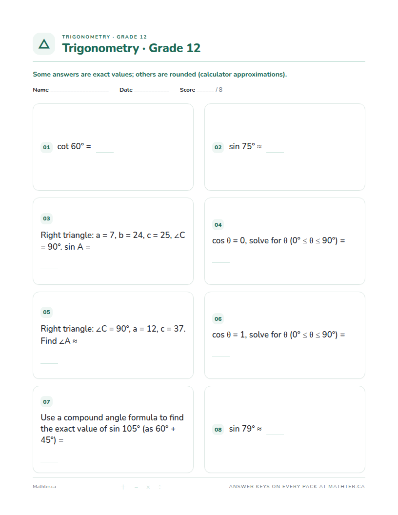 Intermediate Grade 12 trigonometry worksheet, page one