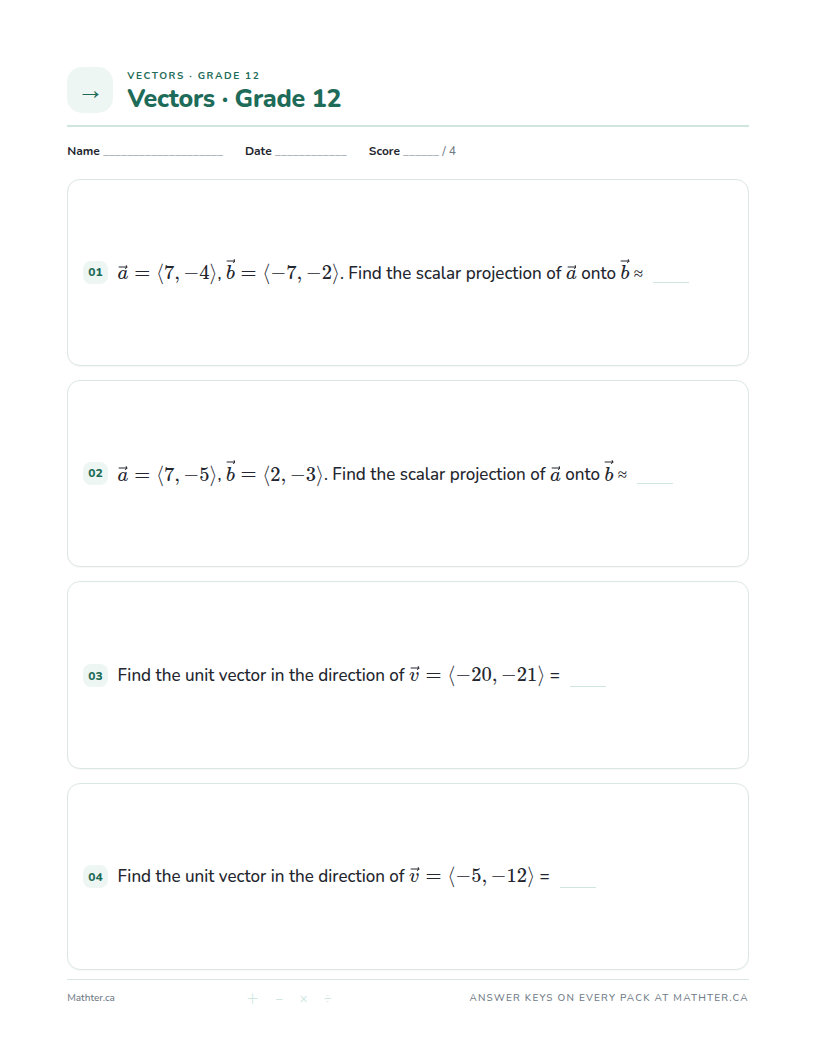 Intermediate Grade 12 vector worksheet, page one
