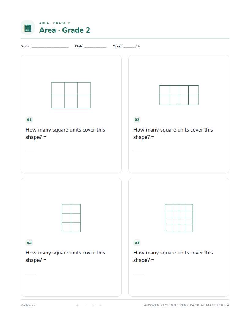 Beginner Grade 2 area worksheet, page one