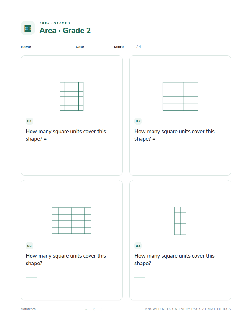 Intermediate Grade 2 area worksheet, page one