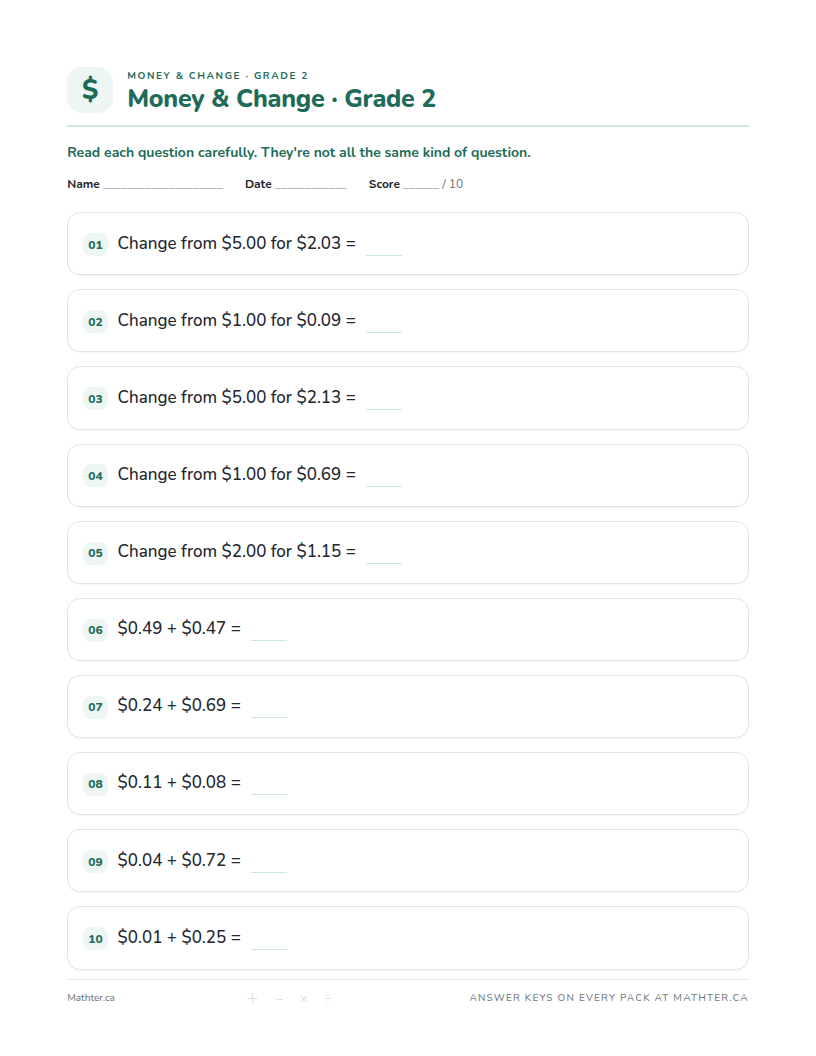 Beginner Grade 2 money & change worksheet, page one