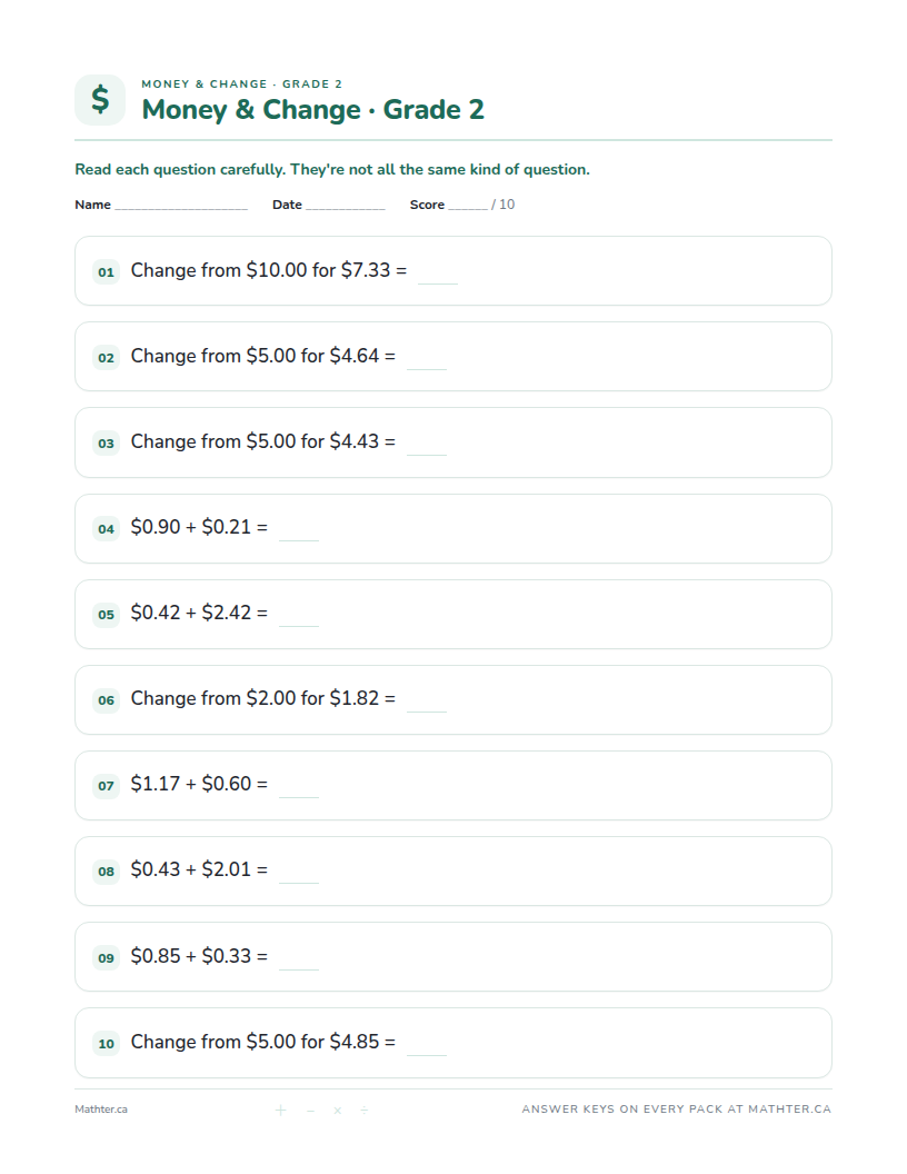 Advanced Grade 2 money & change worksheet, page one