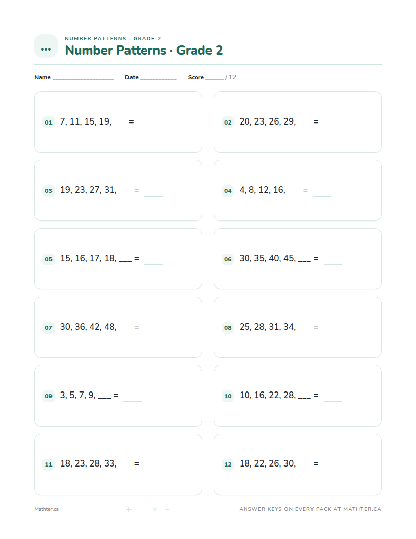 Beginner Grade 2 number pattern worksheet, page one
