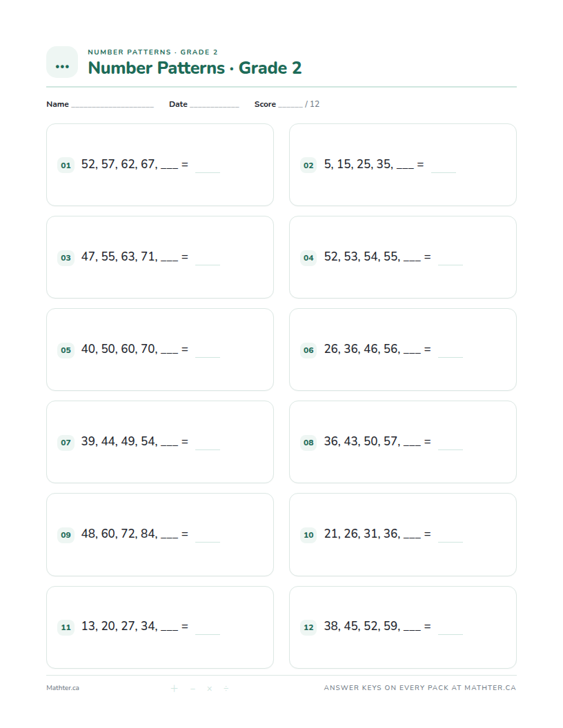 Intermediate Grade 2 number pattern worksheet, page one