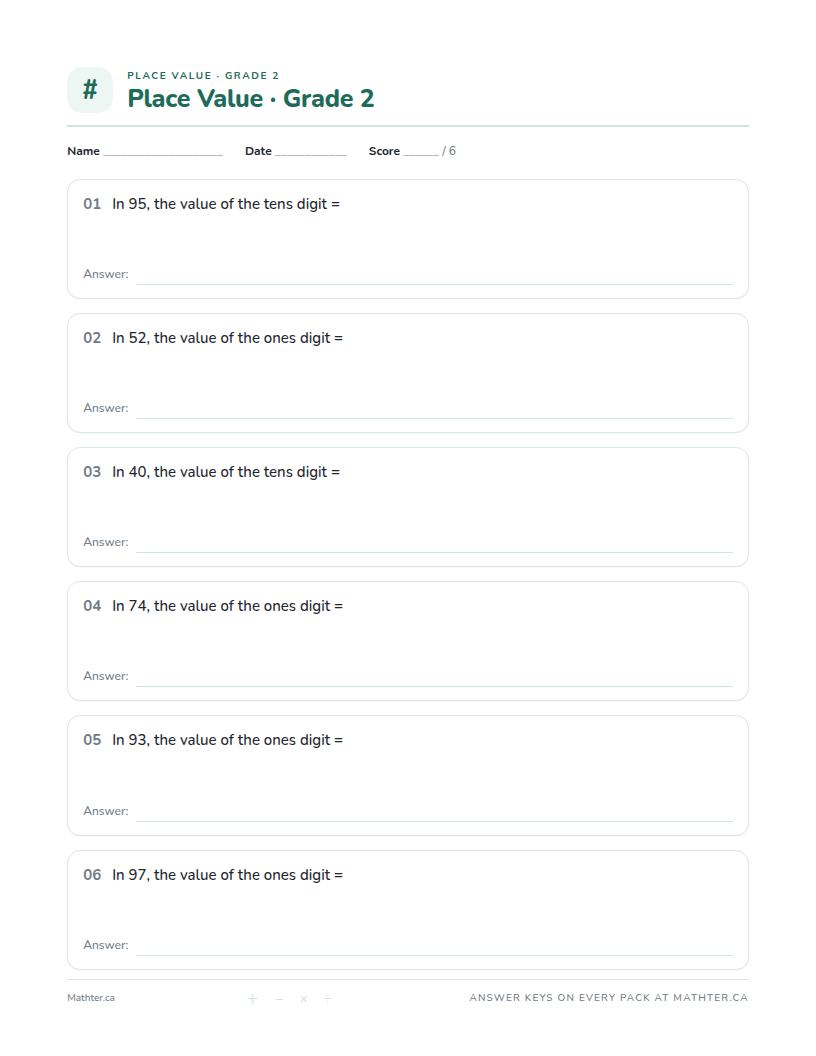 Beginner Grade 2 place value worksheet, page one
