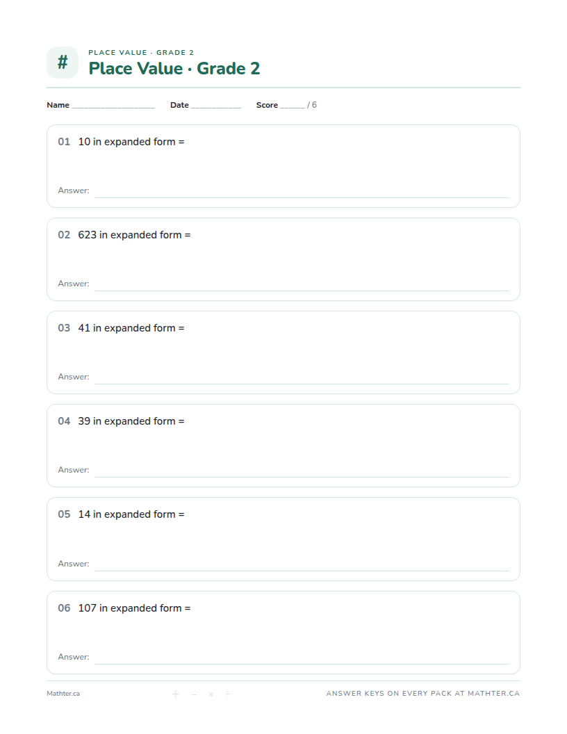 Intermediate Grade 2 place value worksheet, page one