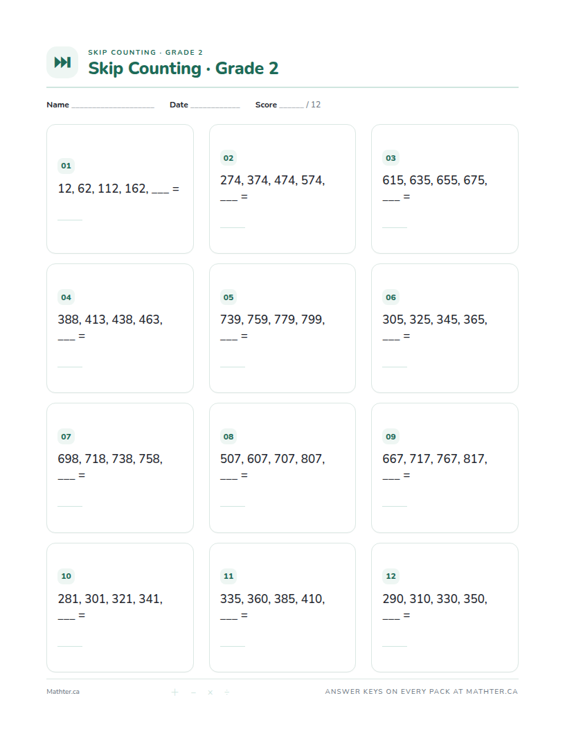 Advanced Grade 2 skip counting worksheet, page one