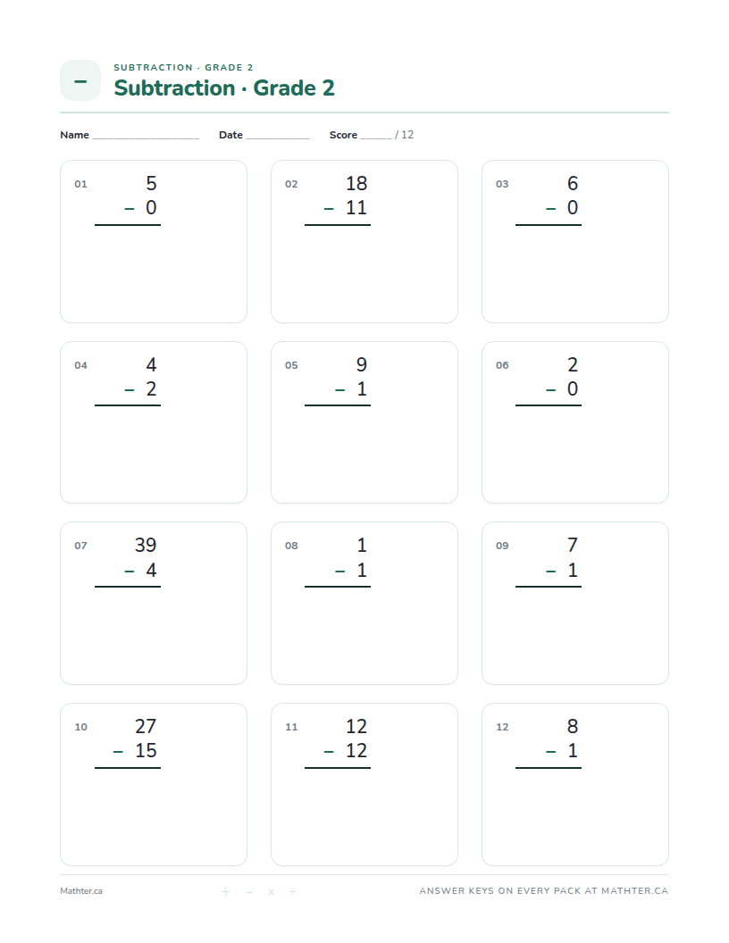 Beginner Grade 2 subtraction worksheet, page one