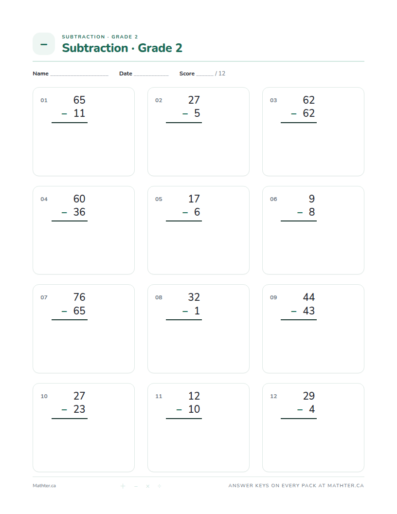 Intermediate Grade 2 subtraction worksheet, page one