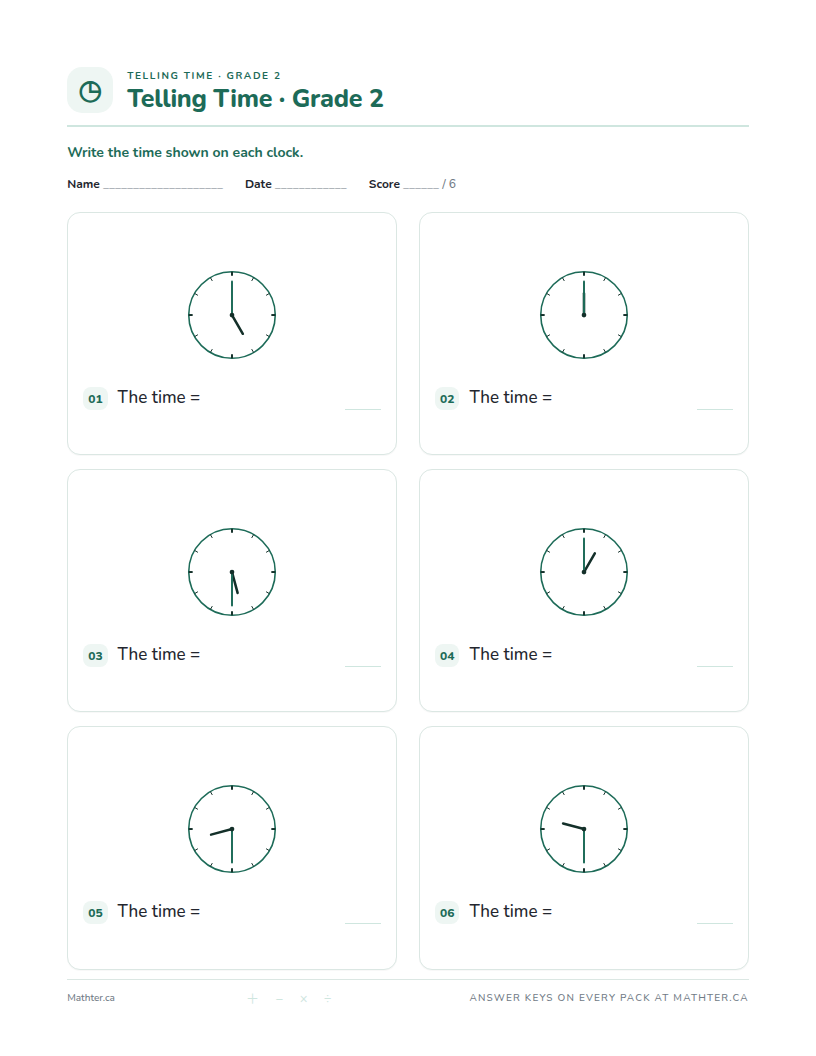 Beginner Grade 2 telling time worksheet, page one