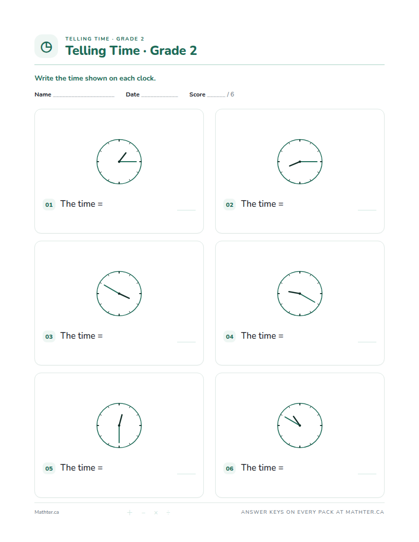 Advanced Grade 2 telling time worksheet, page one