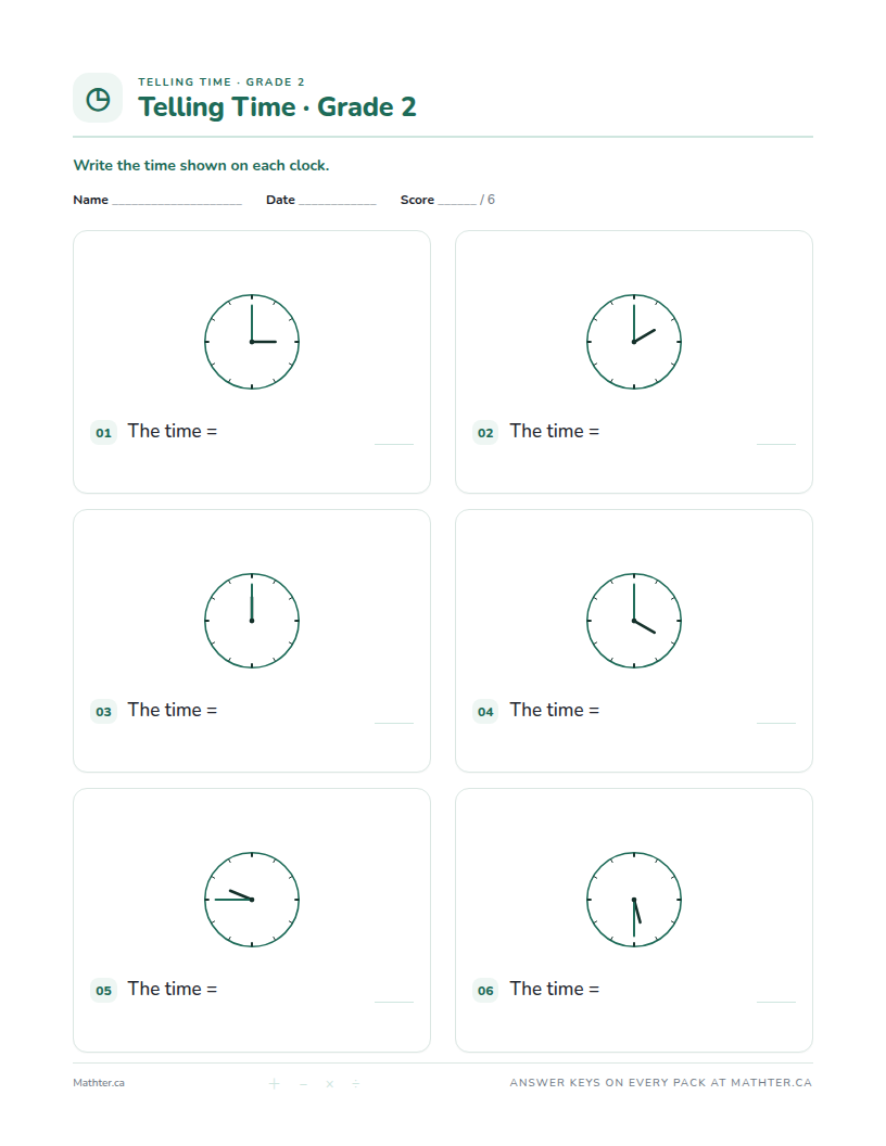 Intermediate Grade 2 telling time worksheet, page one