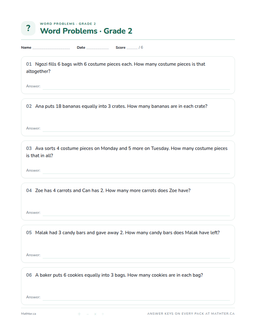 Beginner Grade 2 word problem worksheet, page one