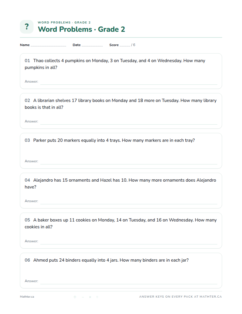 Advanced Grade 2 word problem worksheet, page one