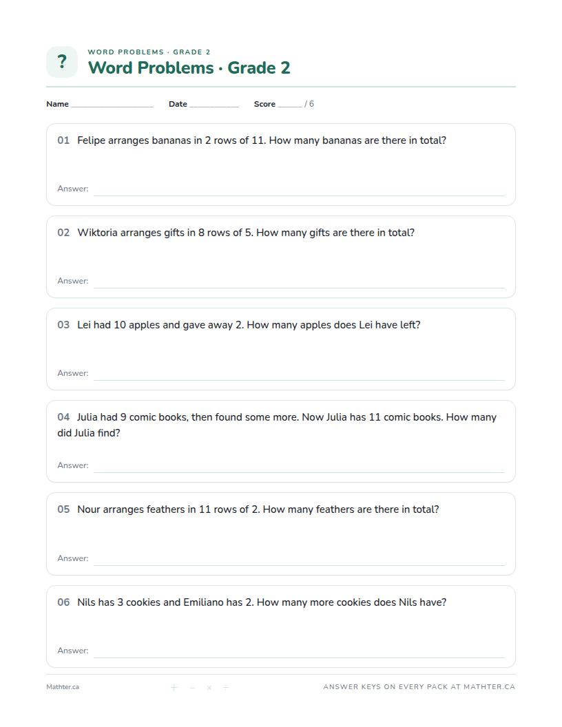 Intermediate Grade 2 word problem worksheet, page one