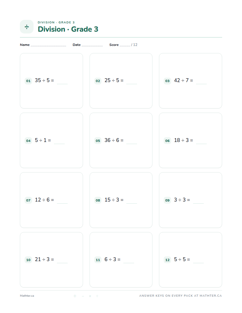 Intermediate Grade 3 division worksheet, page one