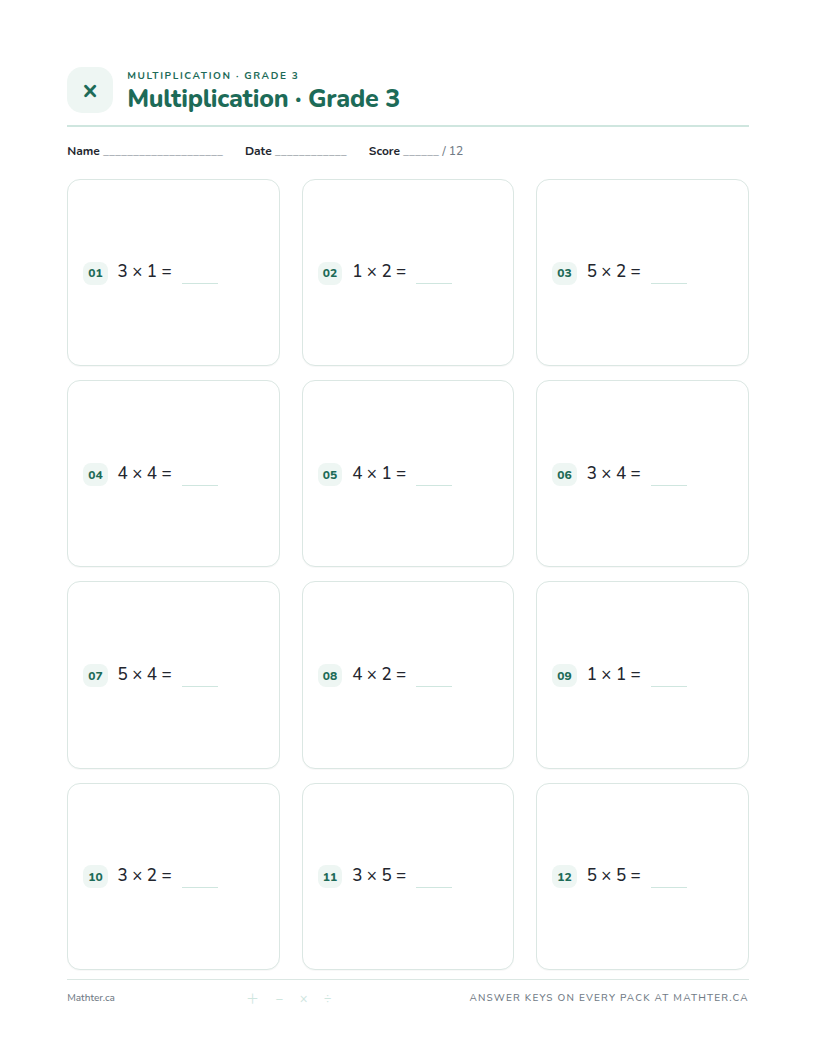 Beginner Grade 3 multiplication worksheet, page one