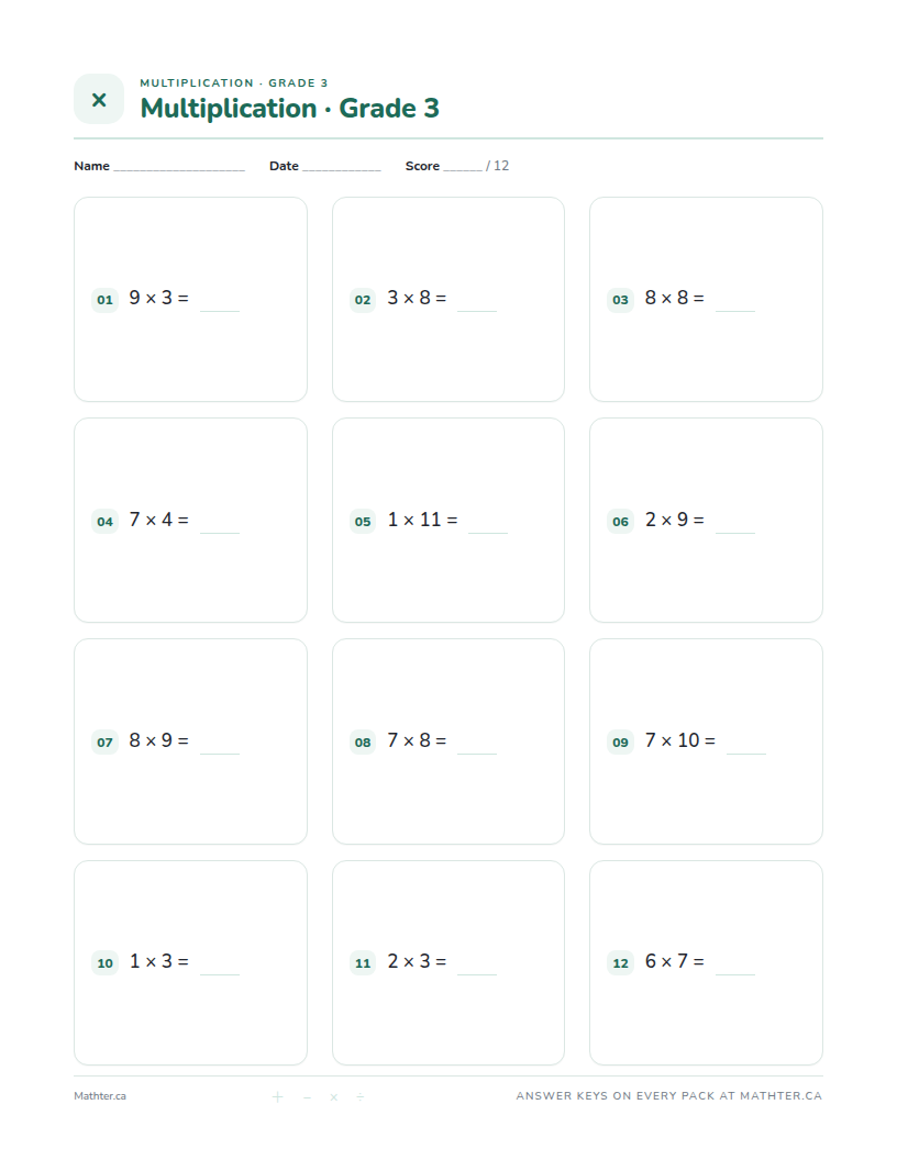 Advanced Grade 3 multiplication worksheet, page one