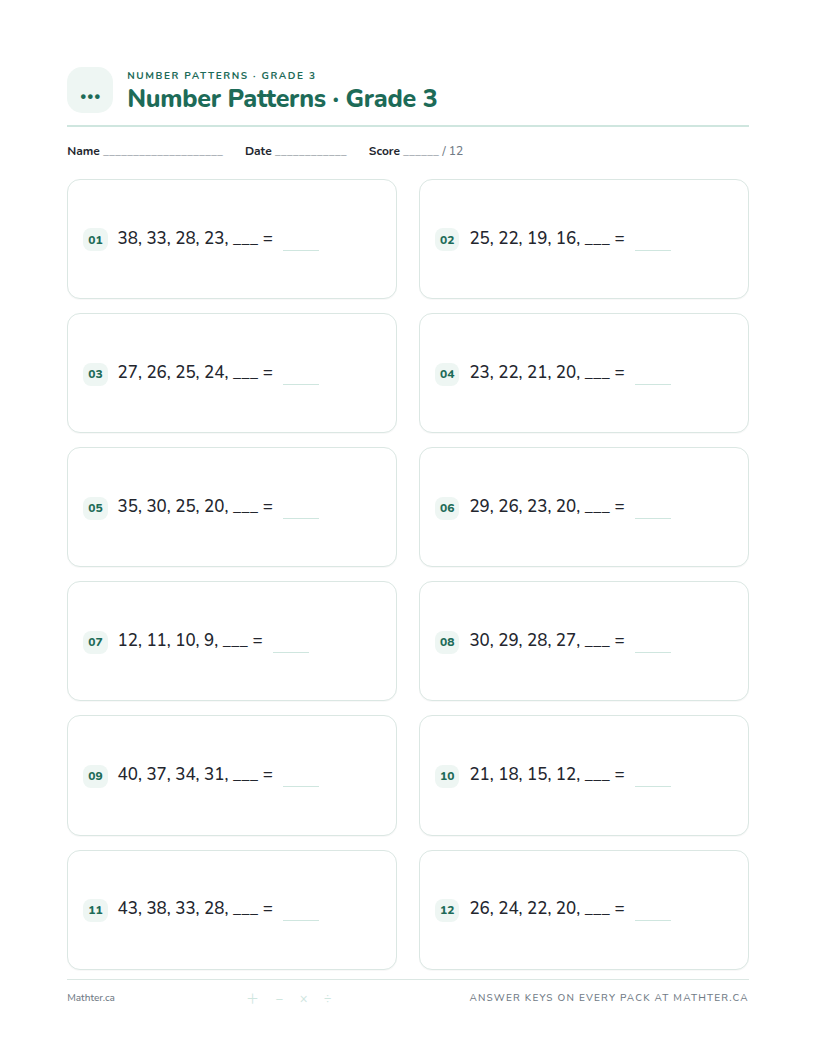 Beginner Grade 3 number pattern worksheet, page one