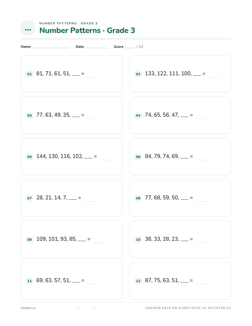 Advanced Grade 3 number pattern worksheet, page one