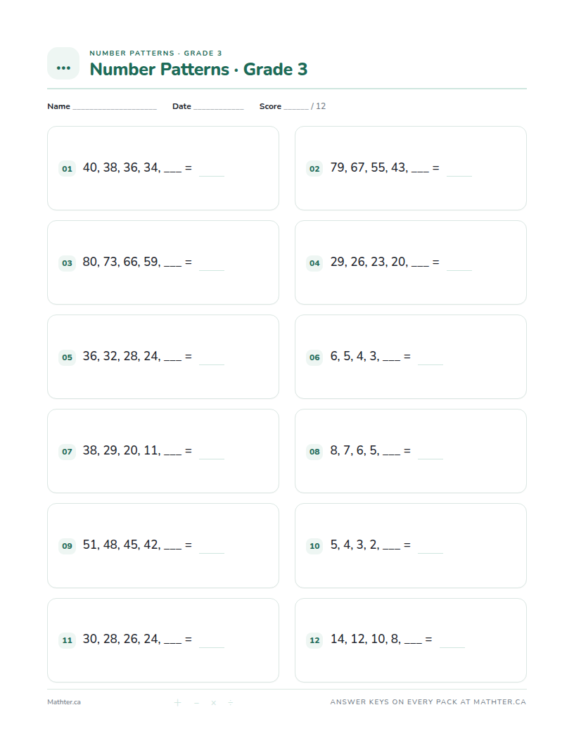 Intermediate Grade 3 number pattern worksheet, page one