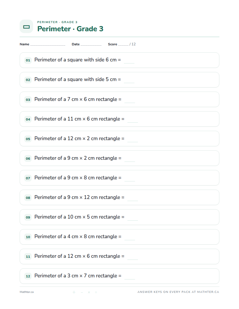Beginner Grade 3 perimeter worksheet, page one
