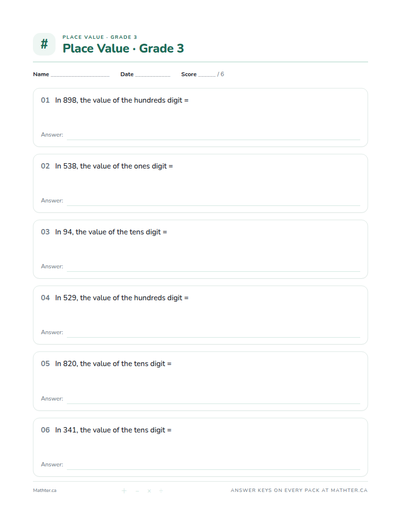 Beginner Grade 3 place value worksheet, page one