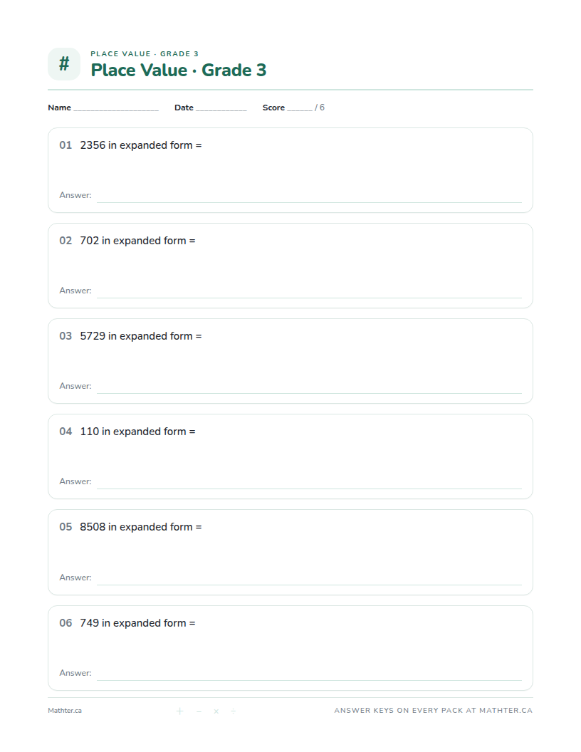 Intermediate Grade 3 place value worksheet, page one