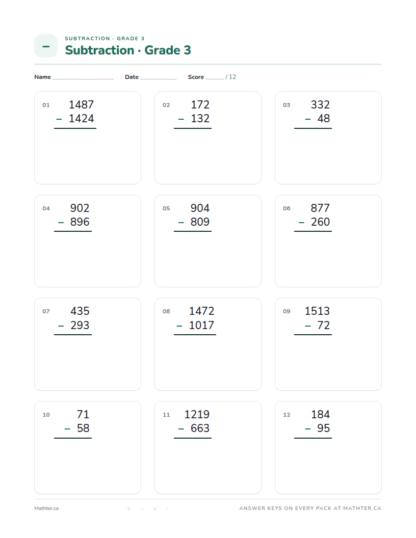 Advanced Grade 3 subtraction worksheet, page one