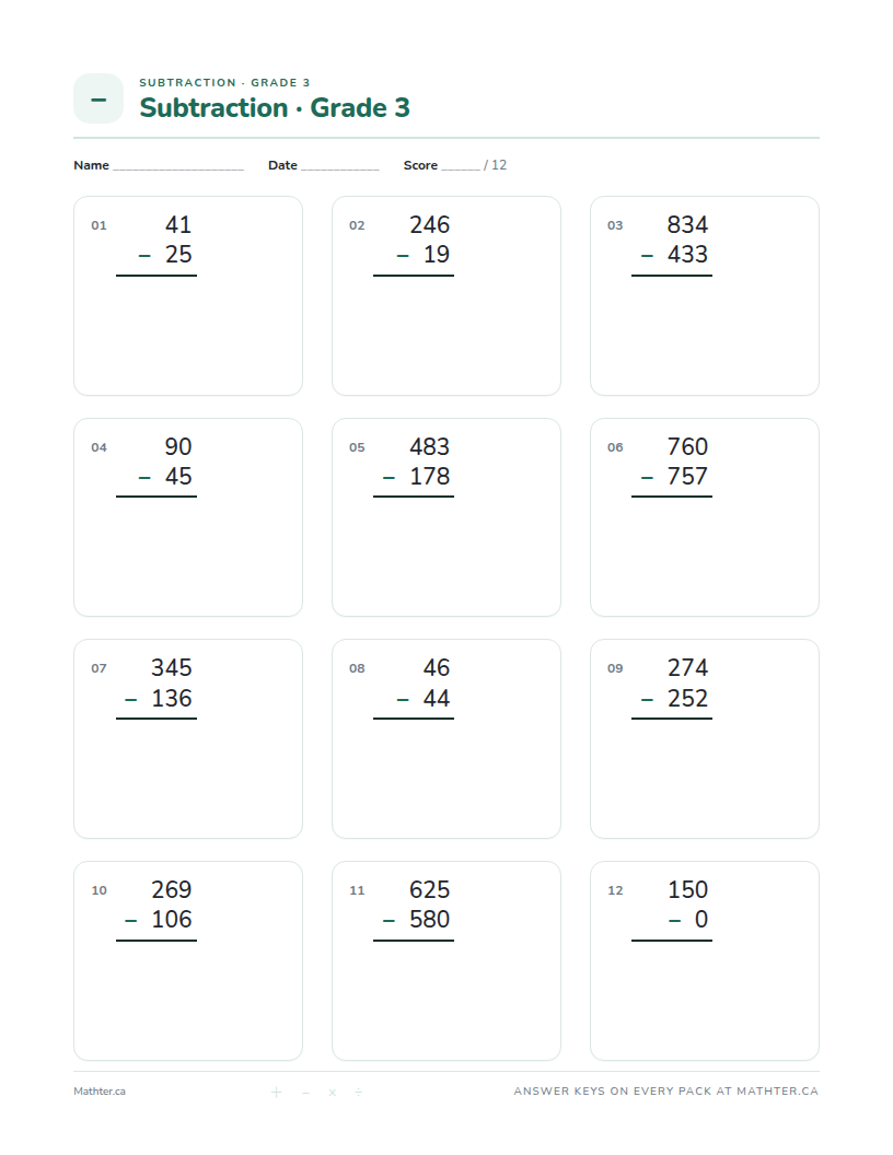 Intermediate Grade 3 subtraction worksheet, page one
