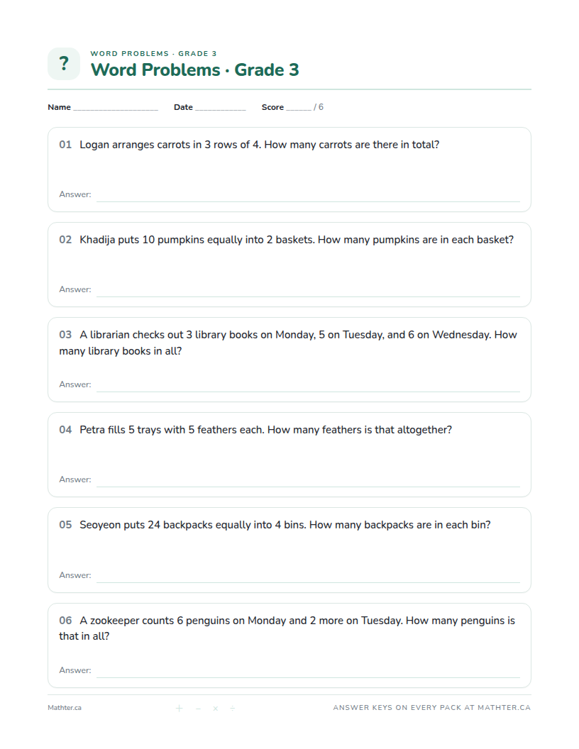 Beginner Grade 3 word problem worksheet, page one
