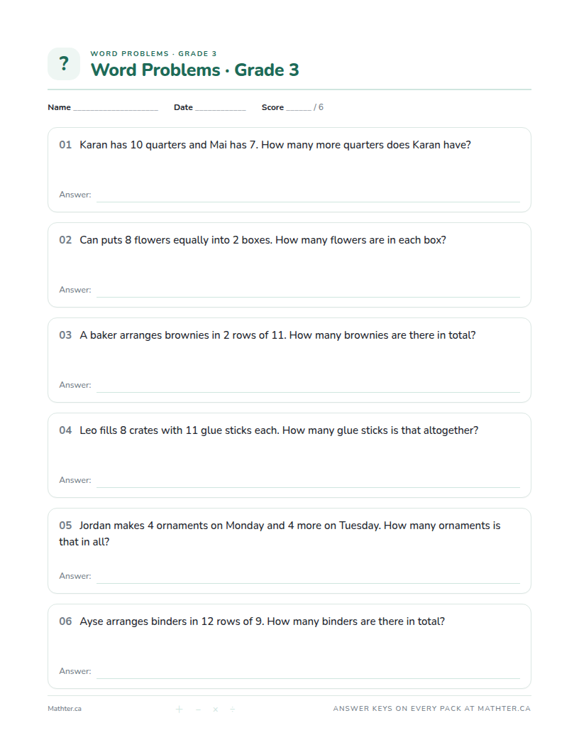 Advanced Grade 3 word problem worksheet, page one