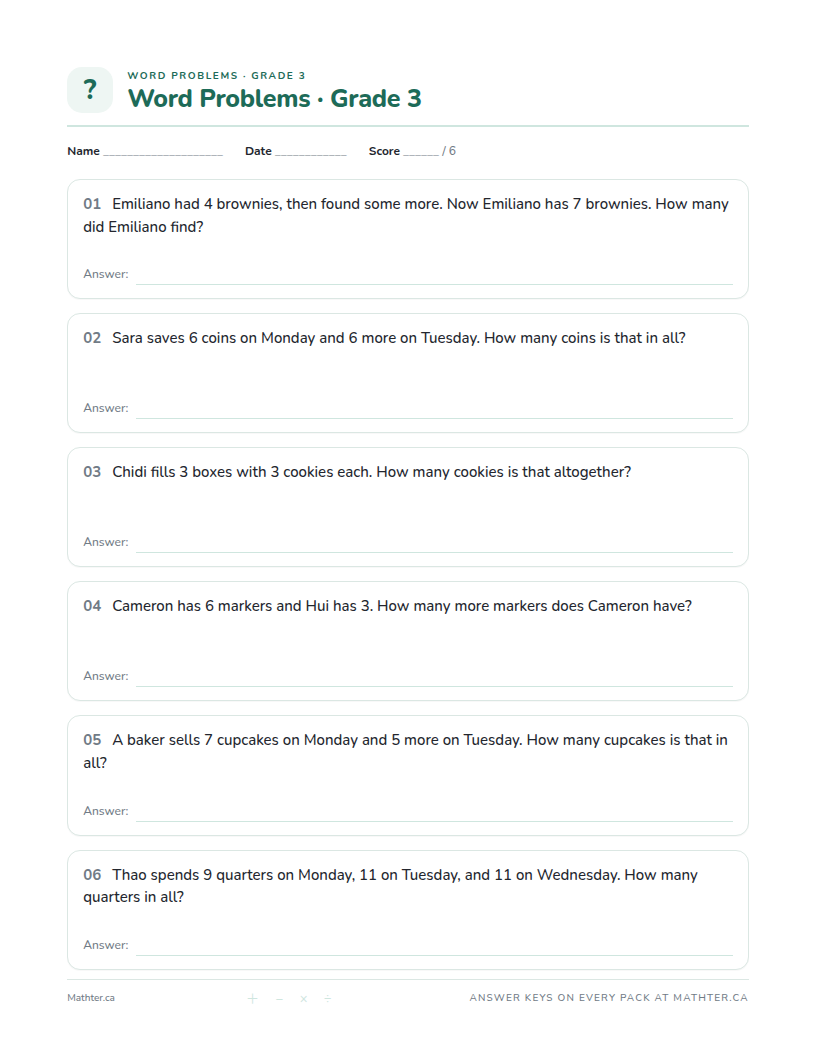 Intermediate Grade 3 word problem worksheet, page one