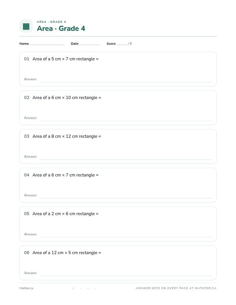 Beginner Grade 4 area worksheet, page one