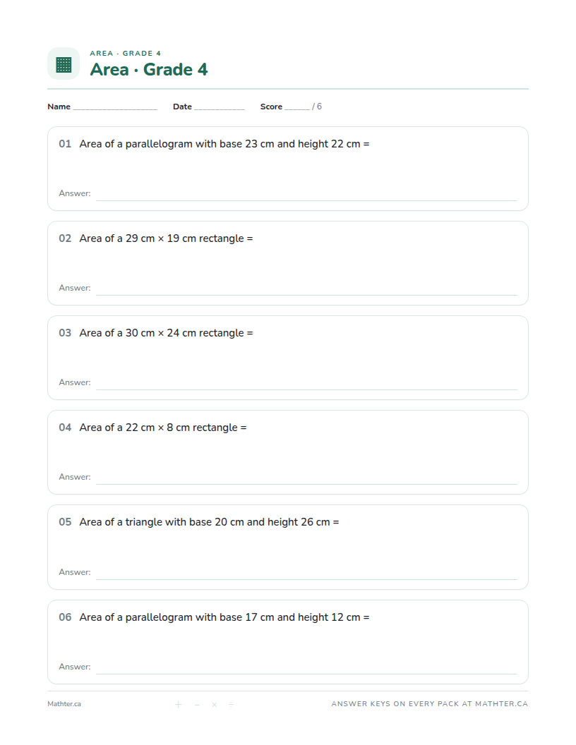 Advanced Grade 4 area worksheet, page one