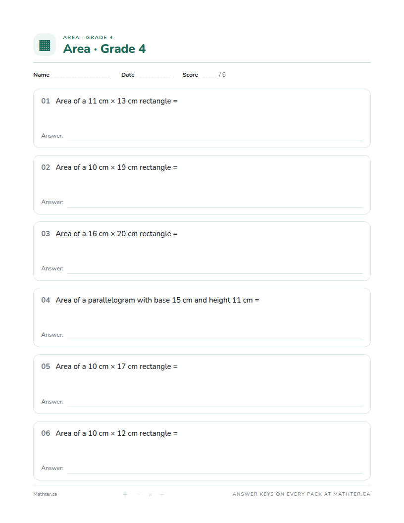 Intermediate Grade 4 area worksheet, page one