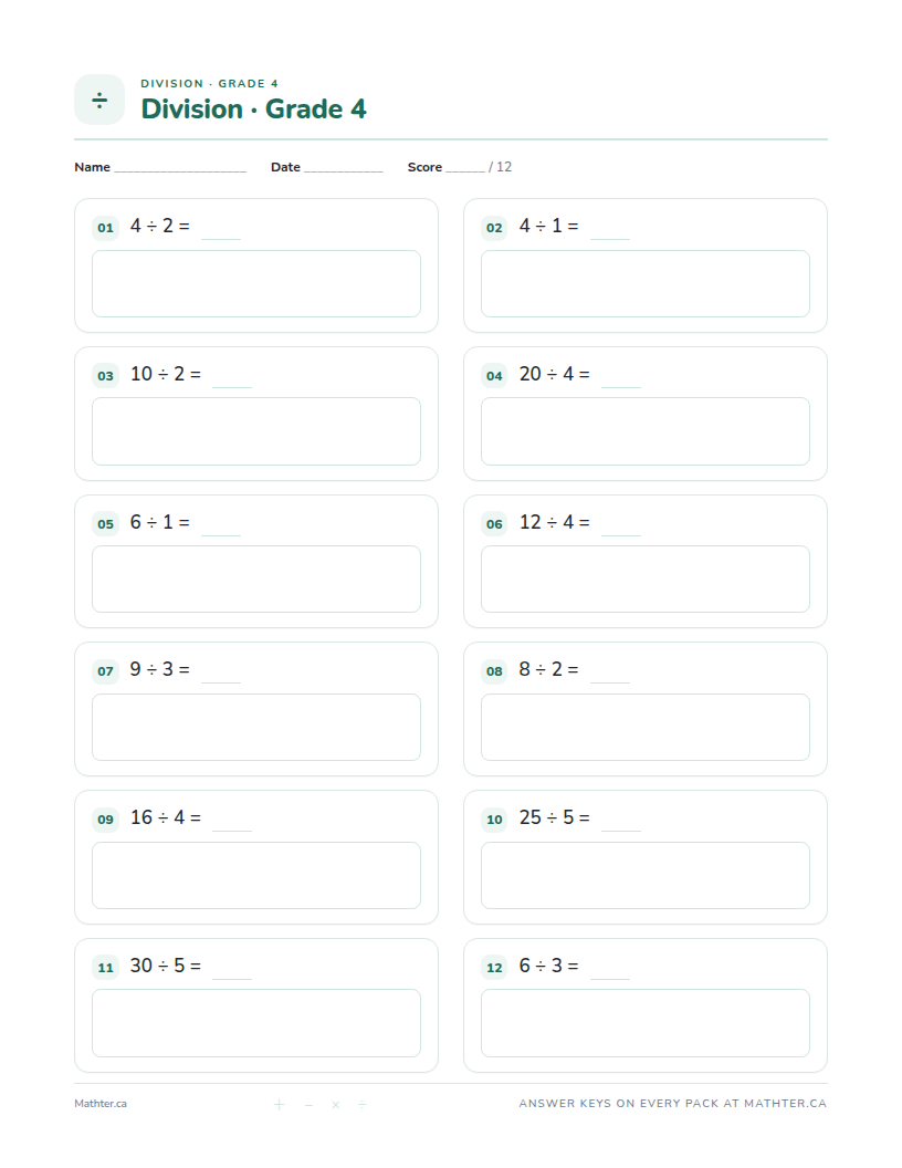 Beginner Grade 4 division worksheet, page one