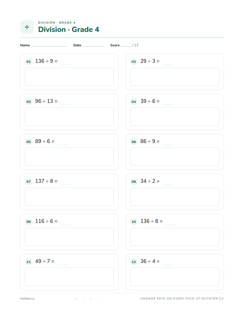 Advanced Grade 4 division worksheet, page one