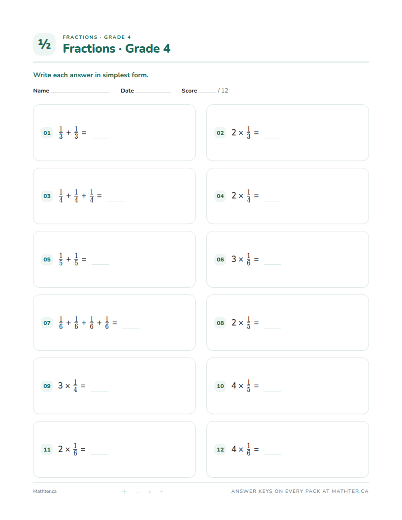 Beginner Grade 4 fraction worksheet, page one
