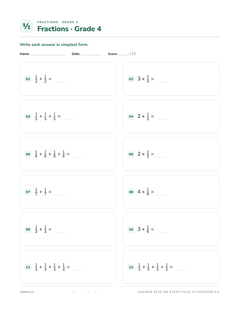 Intermediate Grade 4 fraction worksheet, page one