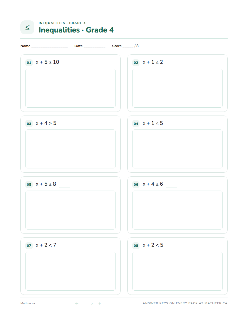 Beginner Grade 4 inequalities worksheet, page one