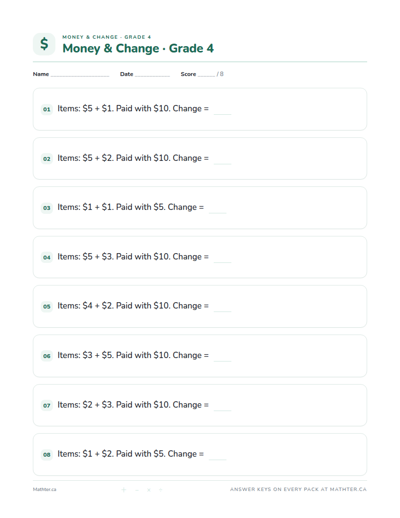 Beginner Grade 4 money & change worksheet, page one