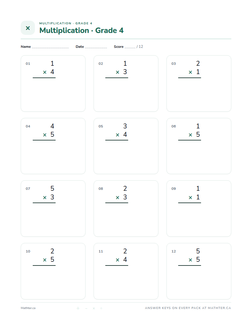 Beginner Grade 4 multiplication worksheet, page one