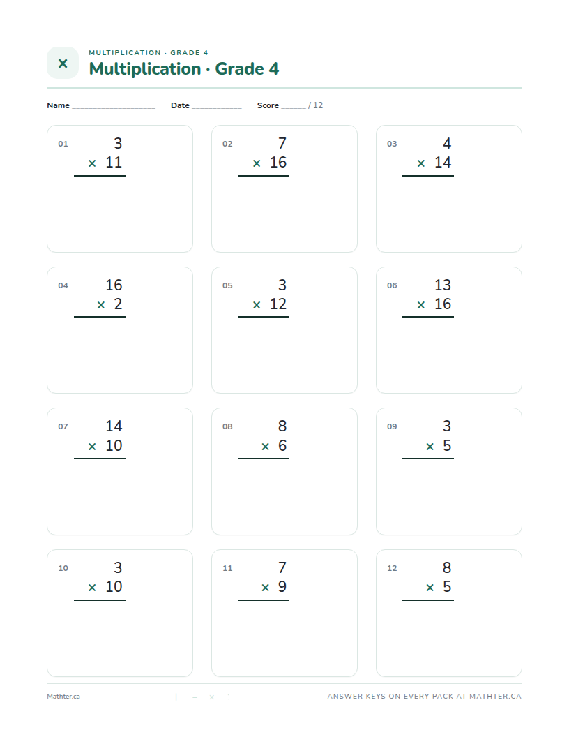Advanced Grade 4 multiplication worksheet, page one